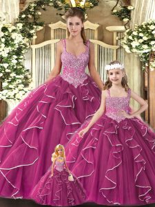 Chic Fuchsia Straps Lace Up Beading and Ruffles Sweet 16 Quinceanera Dress Sleeveless