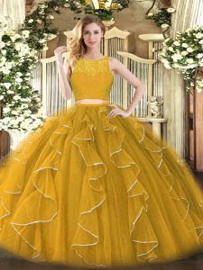 Fine Sleeveless Lace and Ruffles Zipper Quince Ball Gowns