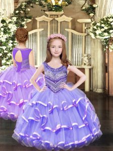 Floor Length Lace Up Pageant Gowns For Girls Lavender for Party and Quinceanera with Beading and Ruffled Layers