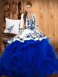 Pretty Blue Ball Gowns Satin and Organza Sweetheart Sleeveless Embroidery Floor Length Lace Up Sweet 16 Dress