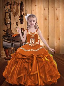 Admirable Orange Straps Neckline Embroidery and Ruffles Kids Pageant Dress Sleeveless Lace Up