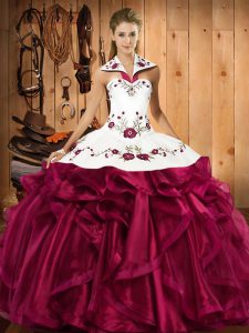 Fuchsia Lace Up 15th Birthday Dress Embroidery and Ruffles Sleeveless Floor Length