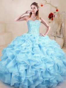 Unique Light Blue Lace Up Sweetheart Ruffles Quinceanera Gown Organza Sleeveless