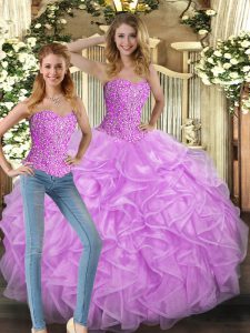 Beading and Ruffles Sweet 16 Dress Lilac Lace Up Sleeveless Floor Length