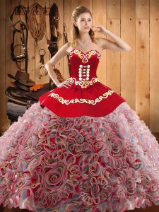 Dazzling Multi-color Lace Up Sweetheart Embroidery Vestidos de Quinceanera Satin and Fabric With Rolling Flowers Sleeveless Sweep Train