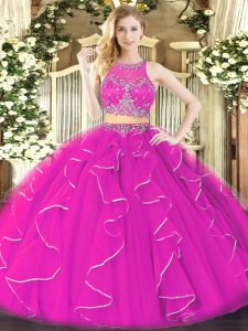 Spectacular Sleeveless Floor Length Ruffles Zipper Vestidos de Quinceanera with Fuchsia