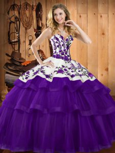 Glorious Purple Ball Gowns Organza Sweetheart Sleeveless Embroidery Lace Up Quinceanera Dress Sweep Train