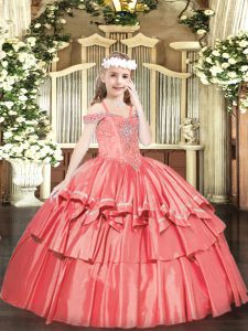 Perfect Sleeveless Organza Floor Length Lace Up Pageant Dress Toddler in Coral Red with Beading and Ruffled Layers