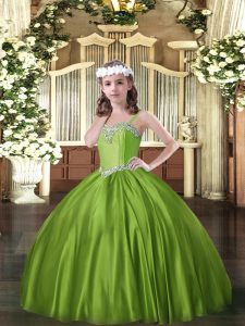 Olive Green Ball Gowns Beading Little Girls Pageant Gowns Lace Up Satin Sleeveless Floor Length