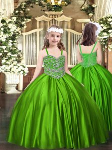 Super Green Ball Gowns Beading Pageant Gowns For Girls Lace Up Satin Sleeveless Floor Length