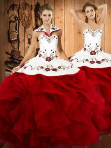Floor Length Wine Red Quinceanera Dresses Halter Top Sleeveless Lace Up