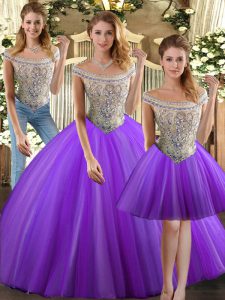 Sleeveless Tulle Floor Length Lace Up Quinceanera Dress in Eggplant Purple with Beading