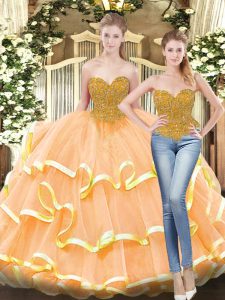 Glorious Peach Sleeveless Tulle Lace Up 15 Quinceanera Dress for Military Ball and Sweet 16 and Quinceanera