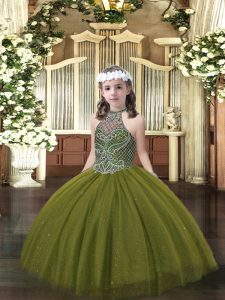 Tulle Halter Top Sleeveless Lace Up Beading Pageant Dress Toddler in Olive Green