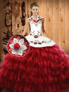 Wine Red Lace Up Sweet 16 Dress Embroidery and Ruffled Layers Sleeveless Floor Length
