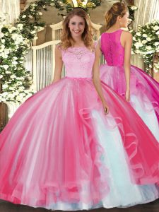Floor Length Hot Pink 15 Quinceanera Dress Tulle Sleeveless Lace and Ruffles