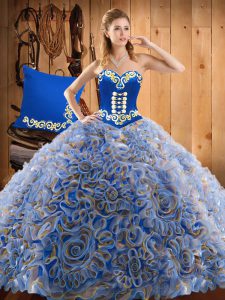 Customized Sweetheart Sleeveless Quince Ball Gowns With Train Sweep Train Embroidery Multi-color Satin and Fabric With Rolling Flowers