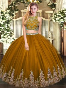 Sleeveless Tulle Floor Length Zipper Quinceanera Gown in Brown with Beading and Appliques