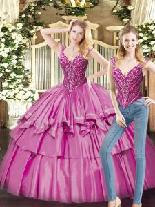 Custom Fit Fuchsia Sleeveless Floor Length Beading and Ruffled Layers Lace Up Sweet 16 Quinceanera Dress