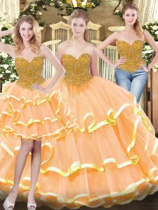 Stylish Peach Sleeveless Beading and Ruffled Layers Floor Length Quince Ball Gowns