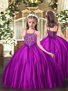Gorgeous Fuchsia Ball Gowns Satin Straps Sleeveless Beading Floor Length Lace Up Little Girls Pageant Gowns