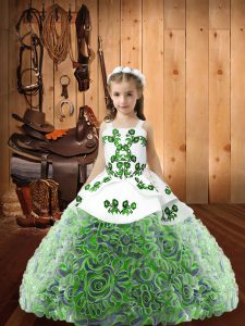 Multi-color Fabric With Rolling Flowers Lace Up Child Pageant Dress Sleeveless Floor Length Embroidery and Ruffles