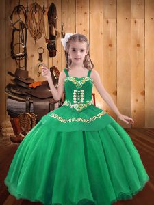 Custom Made Turquoise Organza Lace Up Little Girls Pageant Gowns Sleeveless Floor Length Embroidery and Ruffles