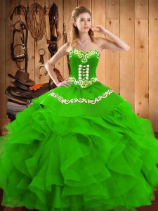 Satin and Organza Sweetheart Sleeveless Lace Up Embroidery and Ruffles Sweet 16 Quinceanera Dress in Green