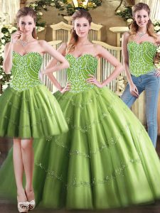 Free and Easy Olive Green 15th Birthday Dress Military Ball and Sweet 16 and Quinceanera with Beading Sweetheart Sleeveless Lace Up