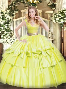 Top Selling Floor Length Zipper 15 Quinceanera Dress Yellow Green for Military Ball and Sweet 16 and Quinceanera with Beading and Ruffled Layers