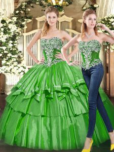 Cute Green Lace Up Ball Gown Prom Dress Beading and Ruffled Layers Sleeveless Floor Length
