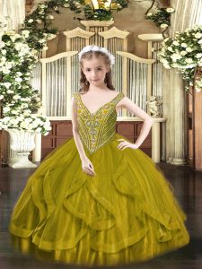 Latest Olive Green Ball Gowns Tulle V-neck Sleeveless Beading and Ruffles Floor Length Lace Up Pageant Dress for Womens
