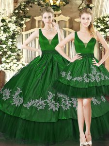 Custom Made Dark Green Ball Gowns Tulle Straps Sleeveless Appliques Floor Length Lace Up Quinceanera Gowns
