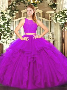 Tulle Scoop Sleeveless Zipper Ruffles Ball Gown Prom Dress in Fuchsia