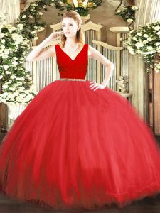 High Class Tulle V-neck Sleeveless Zipper Beading Quince Ball Gowns in Red
