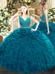 Teal V-neck Neckline Beading and Ruffles 15 Quinceanera Dress Sleeveless Zipper