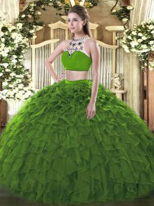 Exceptional Dark Green High-neck Neckline Beading and Ruffles Sweet 16 Dresses Sleeveless Backless