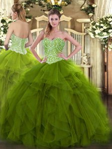 Dramatic Olive Green Organza Lace Up Vestidos de Quinceanera Sleeveless Floor Length Beading and Ruffles