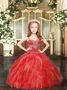 Floor Length Ball Gowns Sleeveless Red Little Girls Pageant Dress Wholesale Lace Up