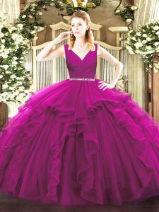 Most Popular Sleeveless Tulle Floor Length Zipper Quinceanera Gowns in Fuchsia with Beading and Ruffles