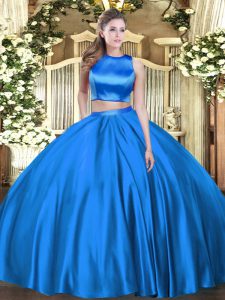 Floor Length Blue Quinceanera Gown High-neck Sleeveless Criss Cross