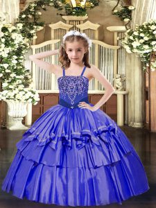 Ball Gowns Little Girls Pageant Gowns Blue Straps Organza Sleeveless Floor Length Lace Up