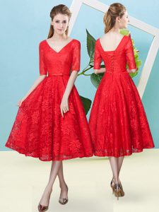 Empire Dama Dress Red V-neck Lace Half Sleeves Tea Length Lace Up