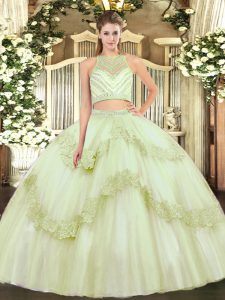 Sumptuous Yellow Green Two Pieces Beading and Appliques Sweet 16 Dresses Zipper Tulle Sleeveless Floor Length