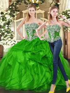 Popular Organza Sweetheart Sleeveless Lace Up Beading and Ruffles 15th Birthday Dress in Green