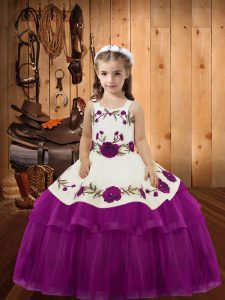 Fuchsia Organza Lace Up Little Girls Pageant Dress Wholesale Sleeveless Floor Length Embroidery and Ruffled Layers