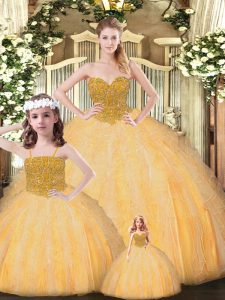 Sweet Sleeveless Tulle Floor Length Lace Up Quinceanera Gown in Gold with Beading