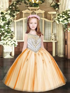 Orange Zipper Little Girl Pageant Gowns Beading and Appliques Sleeveless Floor Length