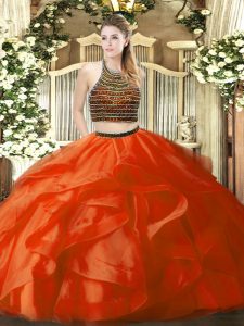 Orange Red Organza Zipper Sweet 16 Dress Sleeveless Floor Length Beading and Ruffles