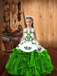 Affordable Green Straps Neckline Beading and Ruffles Girls Pageant Dresses Sleeveless Lace Up